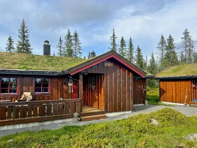 a log cabin with a grass roof at Newly Renovated Cabin By Sjusjoen Ski Slopes in Sjusjøen