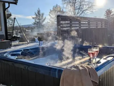 a dog standing in a hot tub with a glass of wine at Luxury Mountain Cabin with Hot Tub and Views in Budal in Storen