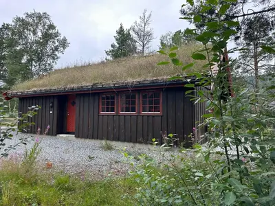 a small building with a grass roof with red windows at Bjorliheimen Fjellhotell-Hytte 11 & 12 in Bjorli