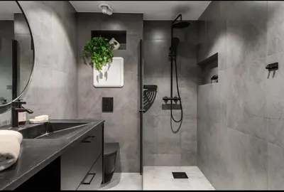 a bathroom with a shower and a sink at Spectacular view 2 roms apartment in Bergen