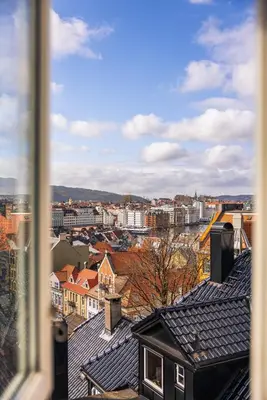 a view of a city from a window at Exclusive & Charming Apartment in Bergen