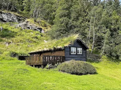 a house with a grass roof in a field at 4 person holiday home in Bryggja-By Traum in Bryggja