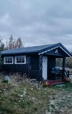 a small house with a porch in a field at Family Cabin With Firepit At Søndre Fjellstølen in Reinli