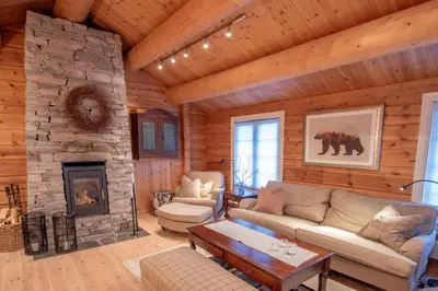 a living room with a couch and a fireplace at Trysilfjellet Nord 901 in Trysil