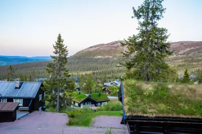 a view of a village with grass roofs and trees at Trysilfjellet Nord 901 in Trysil