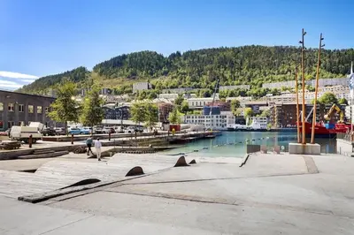 a view of a city with a harbor and a river at Historic charm in the heart of Bergen in Bergen