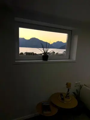 a window with a potted plant on a table in a room at Koselig ved Fjorden - Vangsnes in Vangsnes