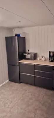 a kitchen with a refrigerator and a microwave at Koselig ved Fjorden - Vangsnes in Vangsnes