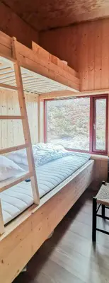 a bunk bed in a wooden room with a window at Modern Lines And Coziness In Hemsedal in Hemsedal