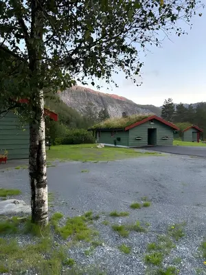 a building with a tree and a building with a grass roof at Storevatn Fritid in Masfjorden