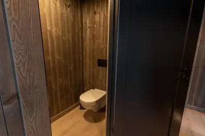 a bathroom with a white toilet in a room at Luxury holiday home, skiing, sauna, remote office in Nesbyen