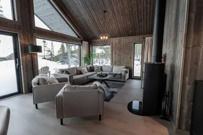 a living room with a couch and a fireplace at Luxury holiday home, skiing, sauna, remote office in Nesbyen