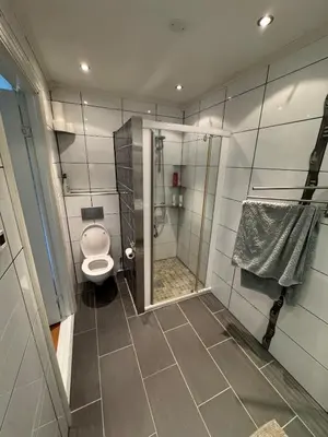 a bathroom with a shower and a toilet in it at 75 sqm with terrace and garden in Elverum
