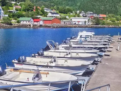 a row of boats are docked in a harbor at 6 person holiday home in Sørbøvåg in Sørbø