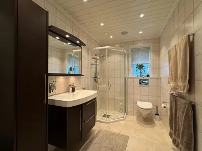 a bathroom with a sink and a shower and a toilet at Cozy apartment in Vestlia, Geilo in Geilo