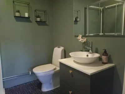 a bathroom with a white toilet and a sink at Koselig hus med flott utsikt in Vossevangen