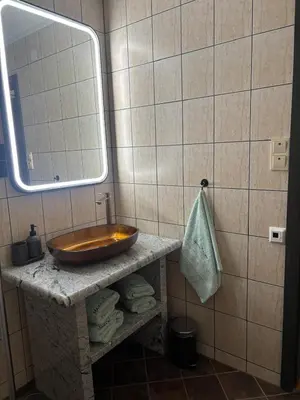 a bathroom with a sink and a mirror at Martini Fishing Camp in Lauvsnes