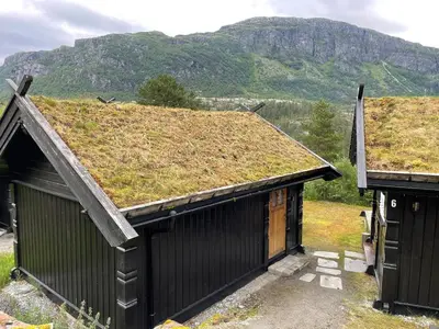 a building with a grass roof with a mountain in the background at Small cabin at Seljestad in Utsikten