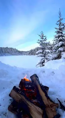 a camp fire in the snow next to a lake at Cozy lakeside cabin in Trøndelag