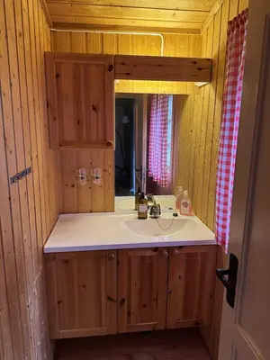 a bathroom with a sink and a mirror at Cozy lakeside cabin in Trøndelag