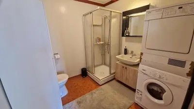 a bathroom with a shower and a washing machine at Apartment in peacefull surroundings in Ådnavik