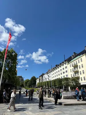 a group of people walking down a street with a red flag at Stay in the middle of Bergen city centre! in Bergen