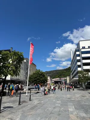 a group of people walking around a city with a flag at Stay in the middle of Bergen city centre! in Bergen