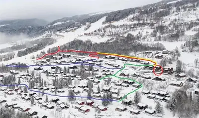 an aerial view of a ski resort in the snow at Log cabin at Hafjell in Øyer