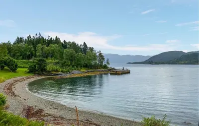 a beach with trees on the shore of a body of water at Gorgeous Home In Lavik With House Sea View in Lavik
