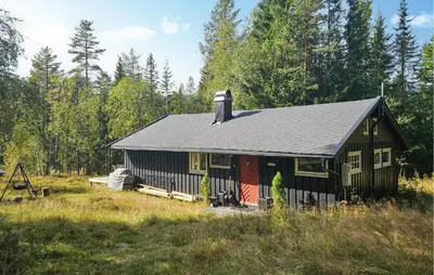 a black house with a red door in a field at 2 Bedroom Nice Home In Noresund in Noresund