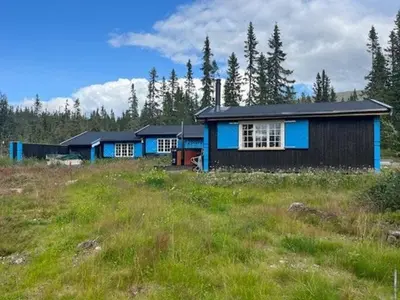 a blue house on a hill in a field at Timber Cabin With Wood-Fired Hot Tub In Trysil in Trysil