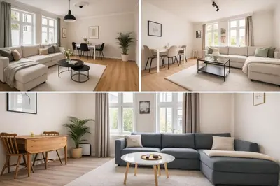 a living room and dining room with a blue couch at Trio Central in centre - Norwegians Minimum Age 25 in Bergen