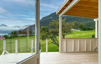 an open porch with a view of a mountain at Lovely Home In Fiksdalen in Fiksdal