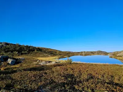 a small lake on the side of a hill at Restored Cabin From 1852 In Bergsjø Area in Ål
