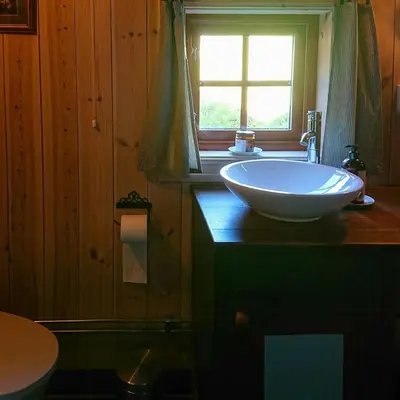 a bathroom with a white sink and a window at Restored Cabin From 1852 In Bergsjø Area in Ål