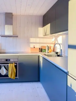 a kitchen with blue cabinets and a sink at Family Cabin With Views In Lygnalia in Jaren