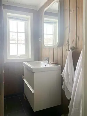 a bathroom with a sink and a mirror at Family Cabin By The Ski Trails In Rauland in Seljord