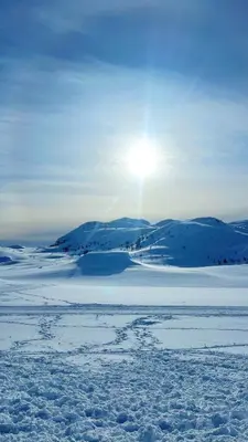 a snow covered field with the sun in the sky at Modern and cozy mountain cabin - panoramic view! in Torvetjørn