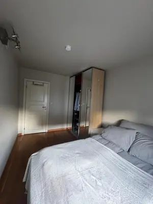 a bedroom with a large bed and a closet at Gimleveien 36G in Bergen