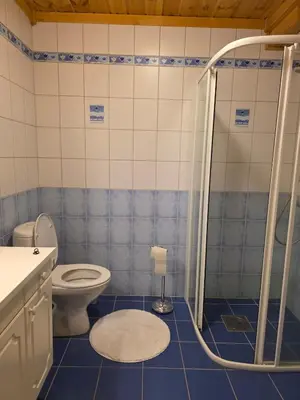 a blue and white bathroom with a toilet and a shower at Fjellstolen apartment nr 12 in Beitostøl