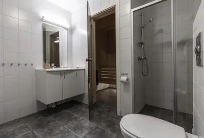 a bathroom with a toilet and a sink and a shower at Ski in-Ski out with Style and Scenic Views in Hemsedal