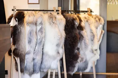 a row of fur coats on display in a store at Rosenlund Hamn in Sande