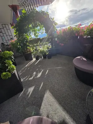 a balcony with potted plants and the sun shining at Apartment, everything close in Hamar
