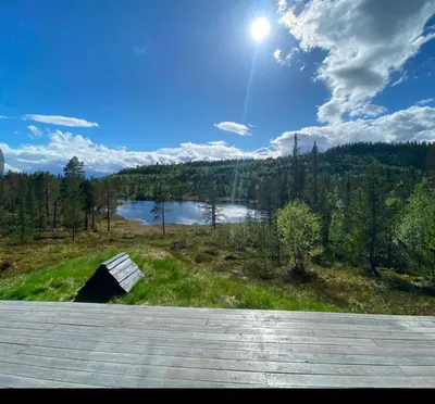 a bench on a hill with a view of a lake at Cabin By Trillemarka Nature Reserve in Eiddal