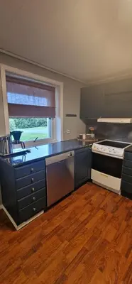 a kitchen with a sink and a stove in it at Comfortable apartment near the city center and nature