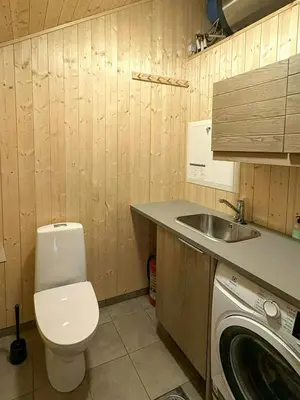 a small bathroom with a toilet and a sink at Ål Cabin With Views Of Marshland And Mountains in Flå