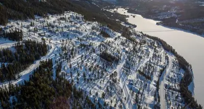 an aerial view of a mountain covered in snow at Modern cabin with panoramic view, sauna and fire pit in Espedalen