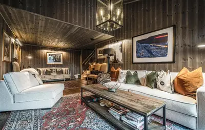 a living room with a couch and a coffee table at Cozy Apartment In Hemsedal With Sauna in Hemsedal