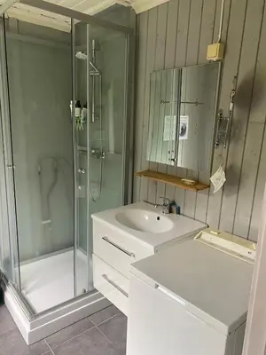 a bathroom with a glass shower and a sink at Cosy farmhouse with spa as add on service in Gjøvik