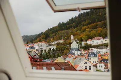 a view from a window of a town at Bryggen Boutique l Stay Uniquely l 2 min to Floyen in Bergen